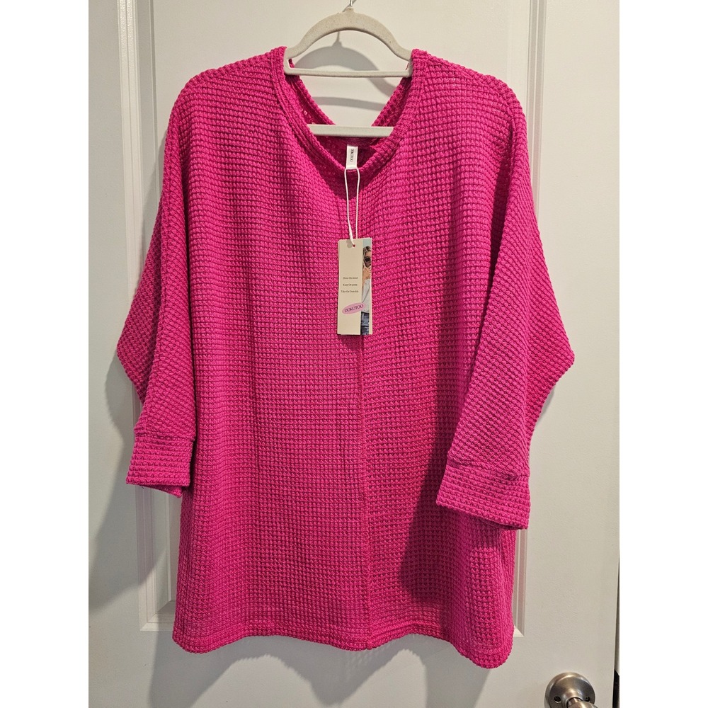NWT Womens XL Waffle Knit Oversized Top Hot Pink V-Neck Holiday Gift Valentine's